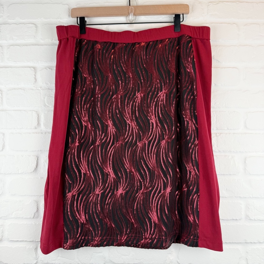 Bob Mackie Pull On Pencil Skirt Red Black Sequin Skirt Sparkle Plus Size 1X